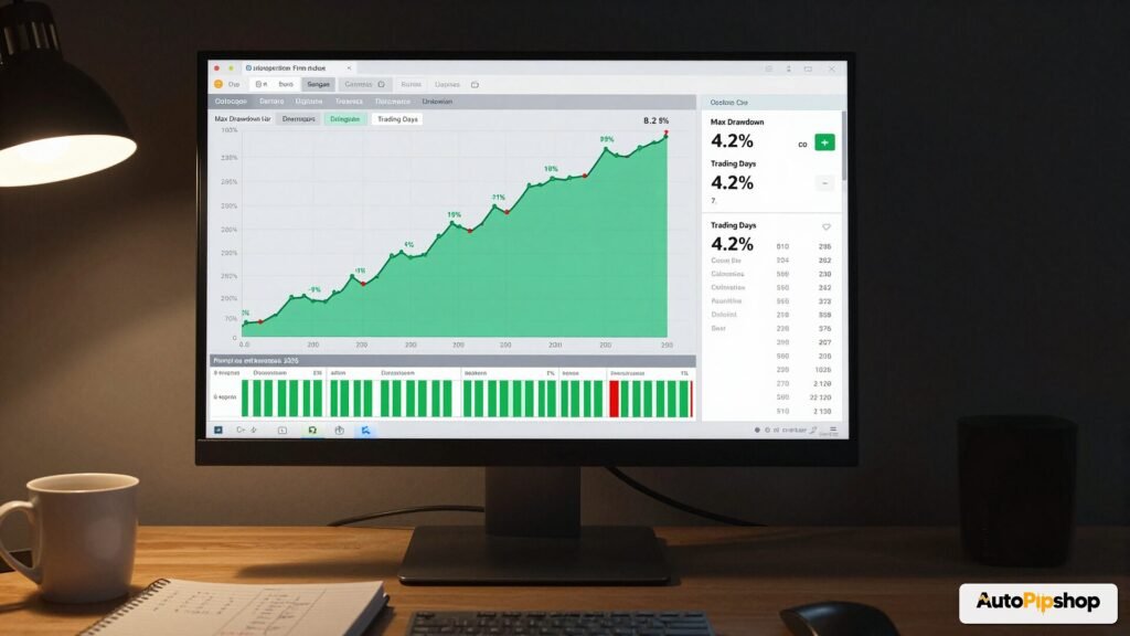 Prop firm challenge EA dashboard showing equity curve and PnL stats
