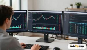 Trader using Forex Expert Advisors across multiple chart monitors