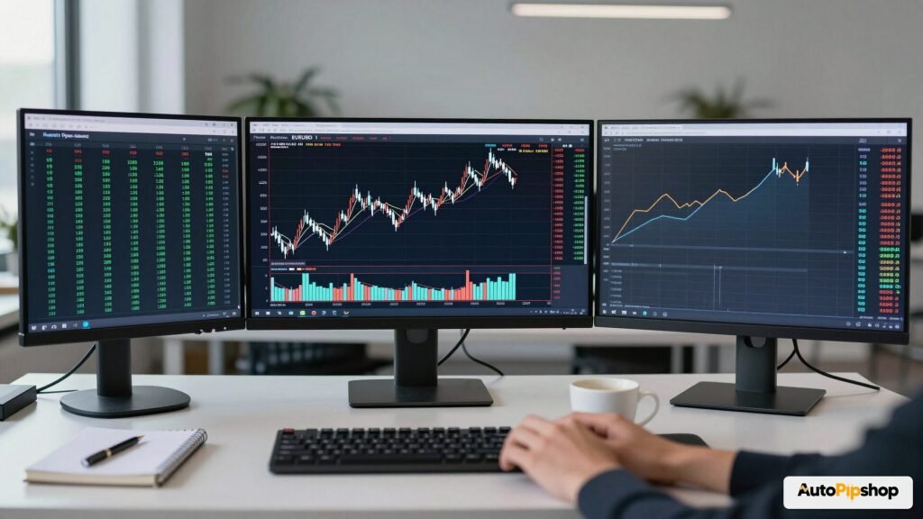 Top Forex EA robots running on a modern multi-monitor trading desk