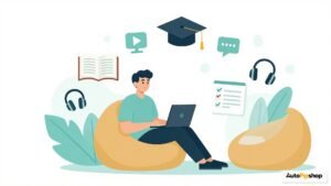 Forex educational resources around a trader learning at a laptop