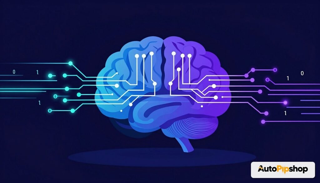 Algorithmic trading concept: brain merging with circuit board