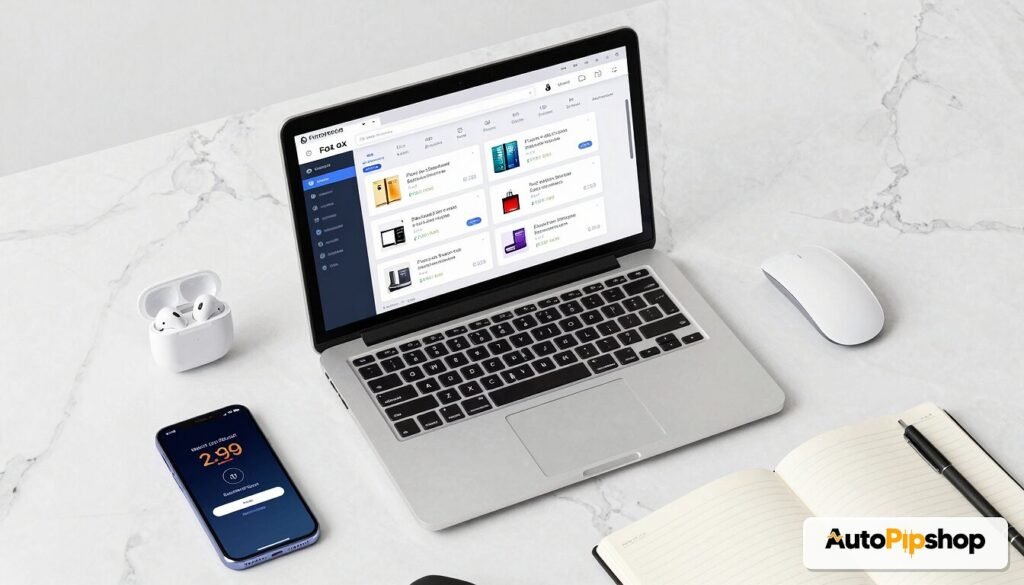 AutoPipShop marketplace for automated Forex trading shown on a laptop
