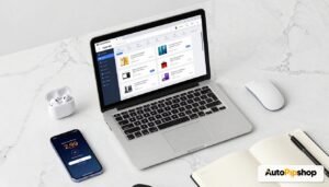 AutoPipShop marketplace for automated Forex trading shown on a laptop