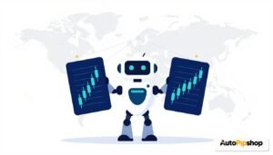 Forex trading robots concept illustration with global currency centres