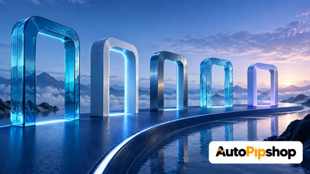 Illustration of five illuminated blue and violet portals along a curved path, with the AutoPipShop logo.