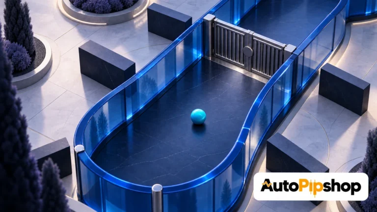 Illustration of a cyan sphere on a glass-bounded path before a closed gate, with the AutoPipShop logo.