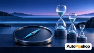 Illustration of an unmarked compass beside three glass sand timers against layered blue horizons, with the AutoPipShop logo.