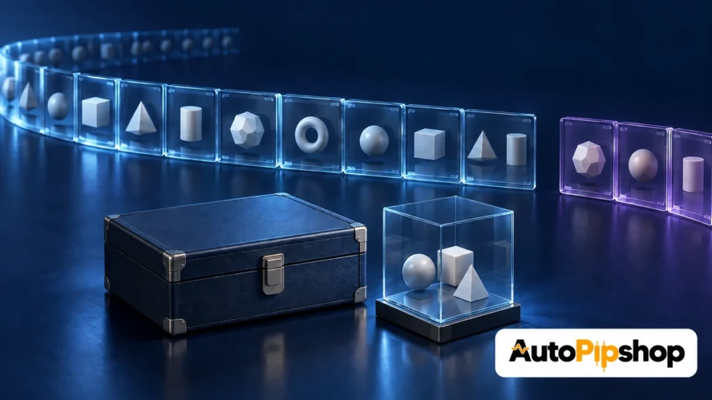 Illustration of framed geometric samples, a separate violet sample group, an archive case and a glass storage cube, with the AutoPipShop logo.