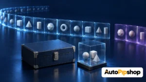 Illustration of framed geometric samples, a separate violet sample group, an archive case and a glass storage cube, with the AutoPipShop logo.