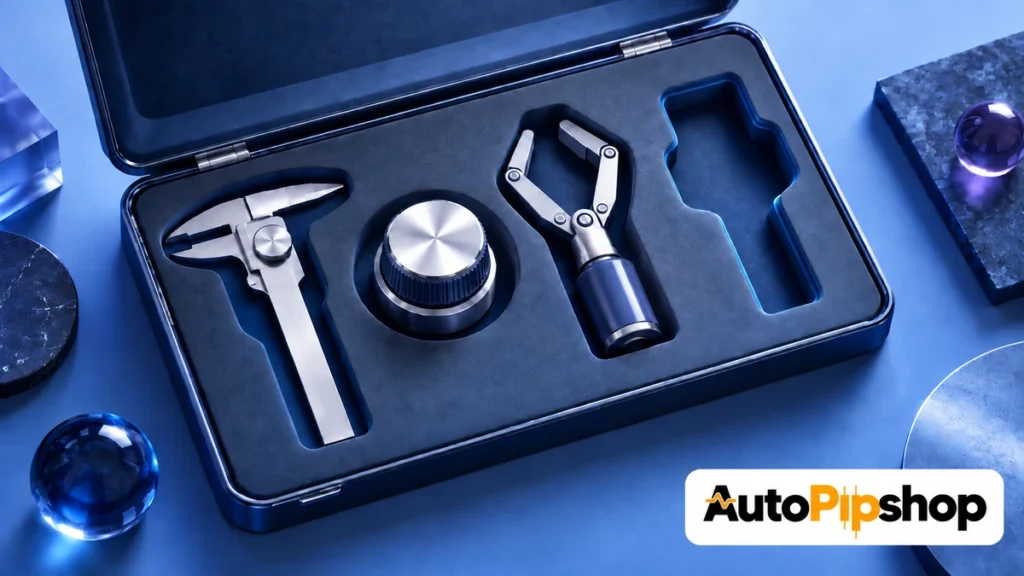 Illustration of an unmarked caliper, an adjustment dial and a mechanical gripper in a fitted blue case, with the AutoPipShop logo.