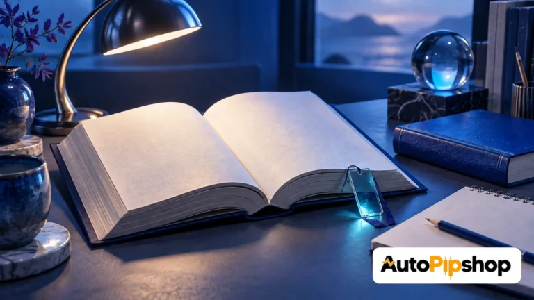 Illustration of an open blank book, a blue reference volume, a pencil and a glass bookmark under a desk lamp, with the AutoPipShop logo.