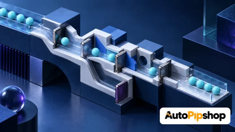 Illustration of cyan spheres moving through a branching channel with mechanical gates, with the AutoPipShop logo.