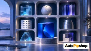 Illustration of varied geometric modules displayed in illuminated gallery niches around a blue central package, with the AutoPipShop logo.