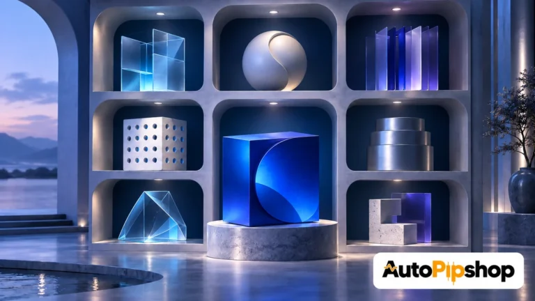 Illustration of varied geometric modules displayed in illuminated gallery niches around a blue central package, with the AutoPipShop logo.