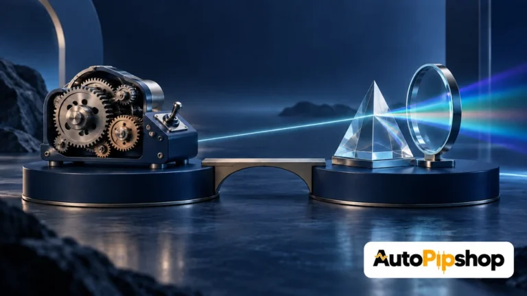 Illustration of a gear mechanism and switch beside a prism and circular lens on connected platforms, with the AutoPipShop logo.