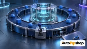 Illustration of geometric components on a circular conveyor around a glass control core with an inspection panel and lever, with the AutoPipShop logo.