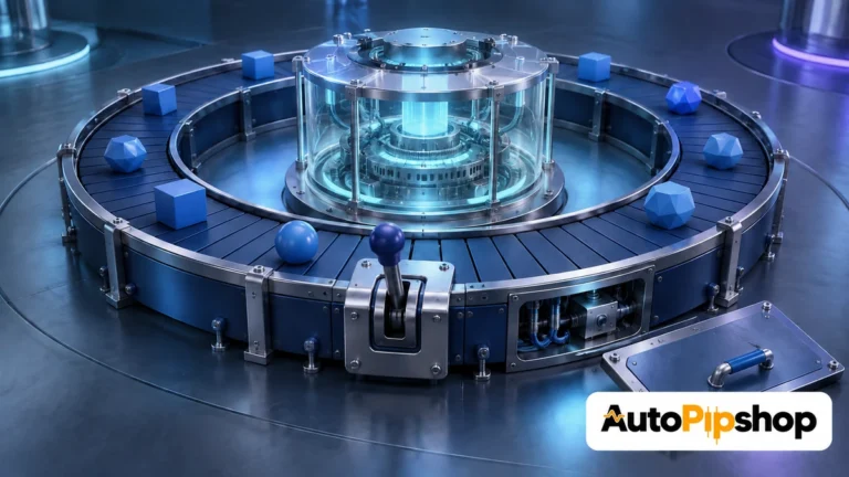 Illustration of geometric components on a circular conveyor around a glass control core with an inspection panel and lever, with the AutoPipShop logo.