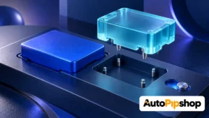 Illustration of a cyan module aligned above an empty docking slot beside a seated blue module and a toggle, with the AutoPipShop logo.
